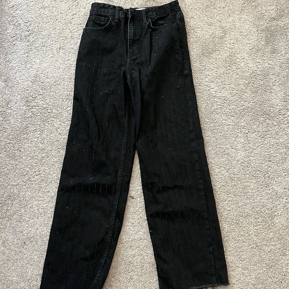 Zara size 4 Black High-Waist Straight Leg Jeans with Subtle Pinstripe Beading